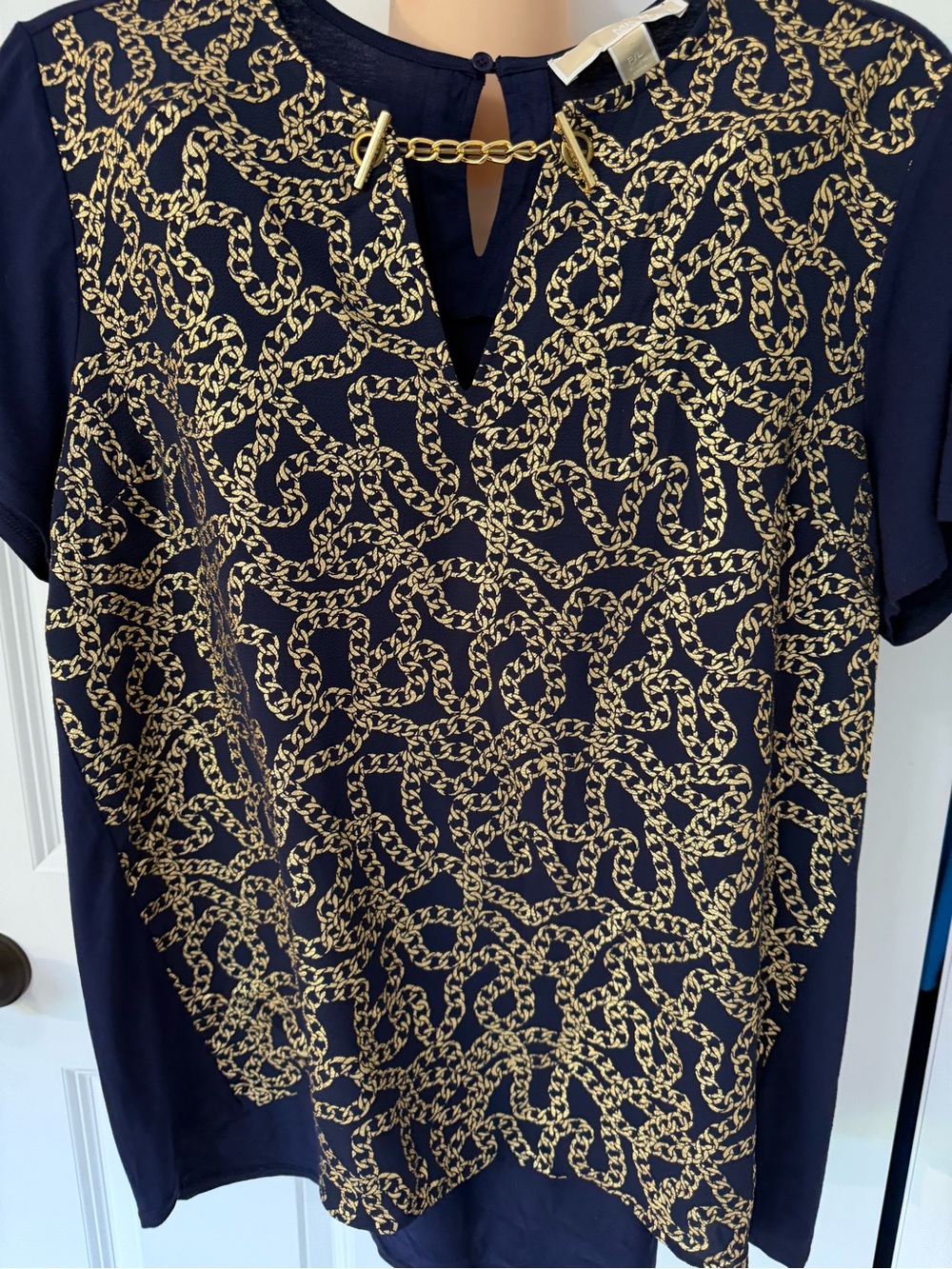 MICHAEL Michael Kors Navy Top with Gold Chain Print and Accent